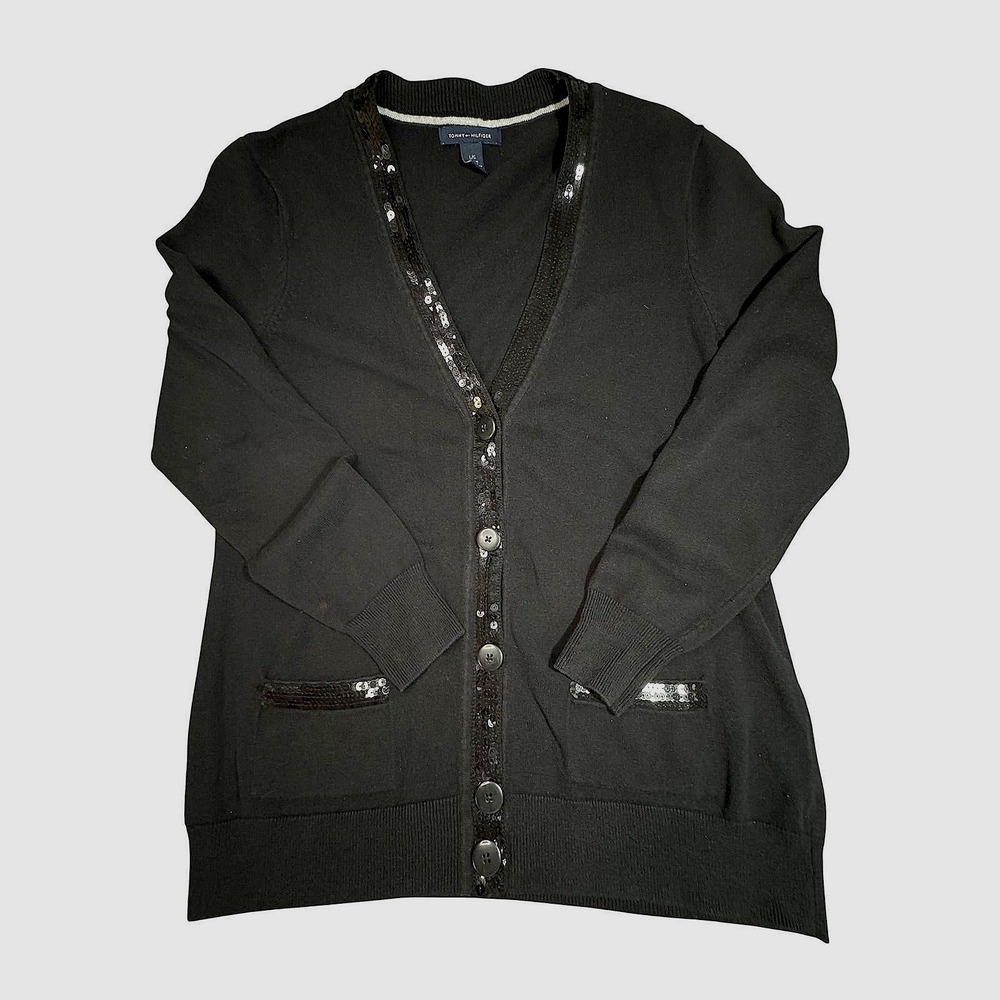 Tommy Hilfiger Womens Black Sequin Trim V-Neck Cardigan Sweater Size‎ L Rare